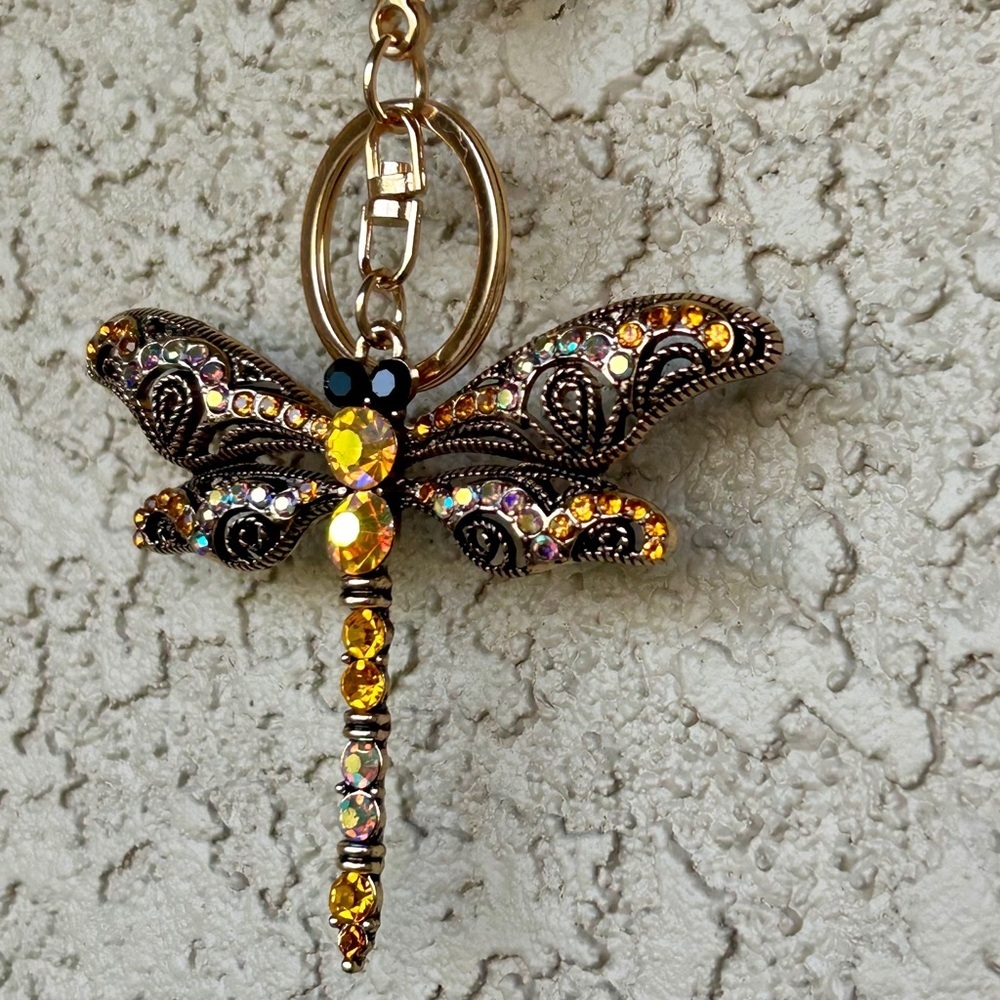 Whimsical Yellow Embellished Dragonfly Keychain